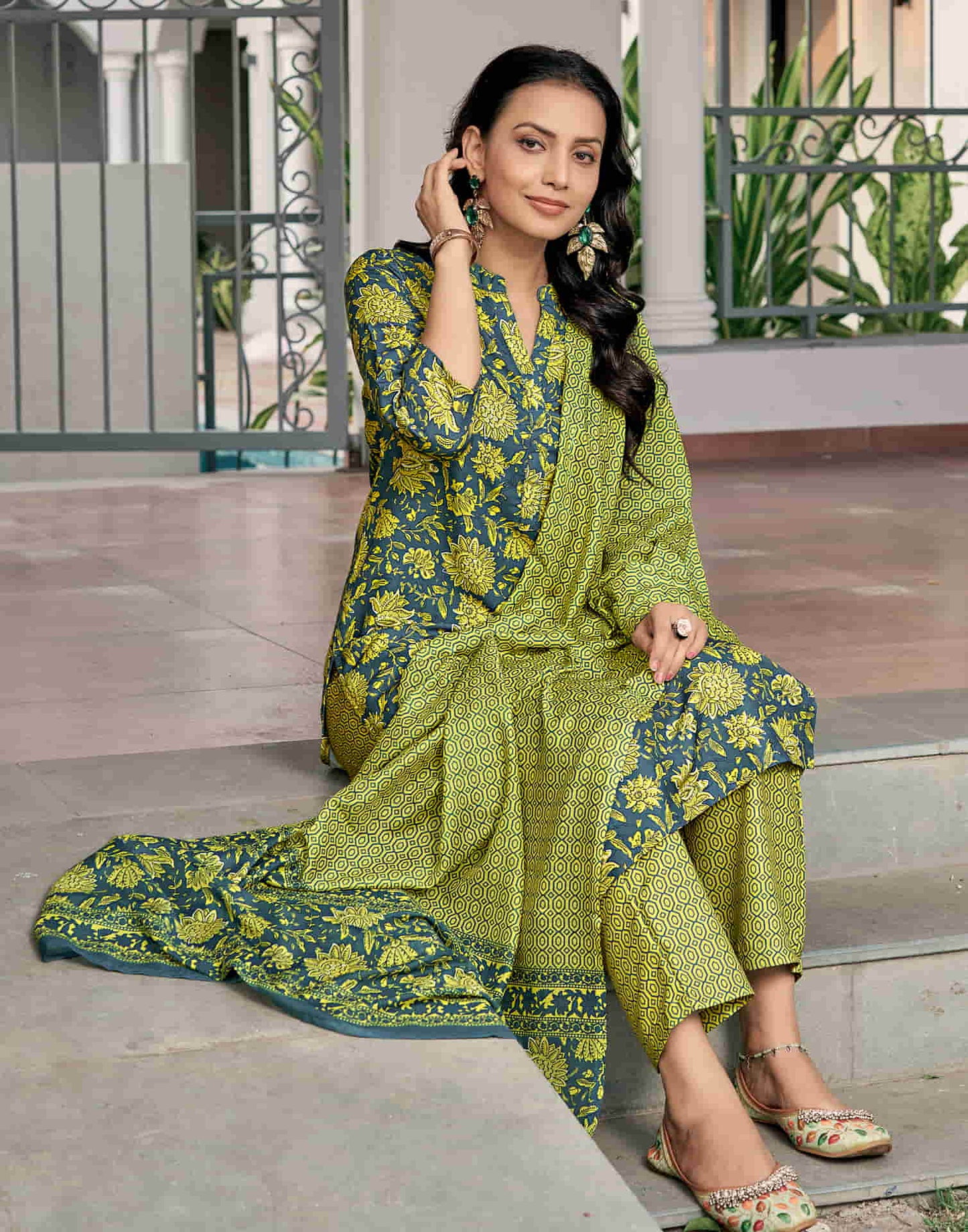 Moss Green Printed Rayon Straight Kurta With Pant And Dupatta