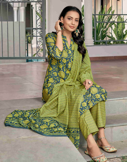 Moss Green Printed Rayon Straight Kurta With Pant And Dupatta