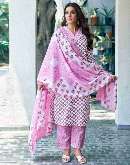 White Cotton Printed Kurta Set With Dupatta