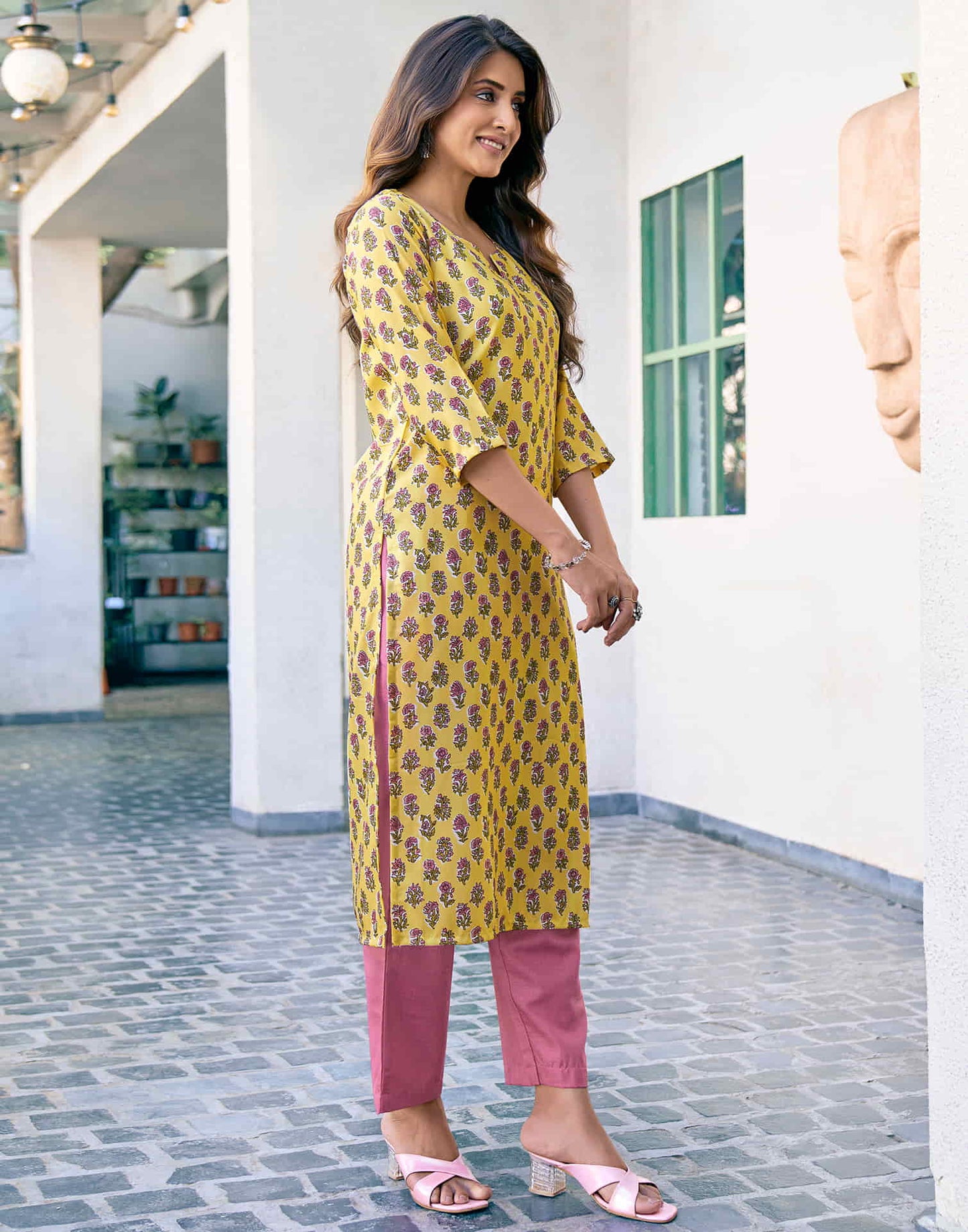 Yellow Printed Rayon Straight Kurta With Pant And Dupatta