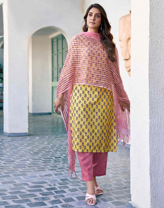 Yellow Printed Rayon Straight Kurta With Pant And Dupatta