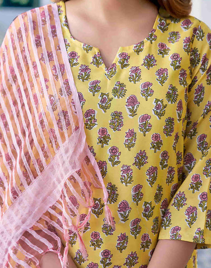 Yellow Printed Rayon Straight Kurta With Pant And Dupatta