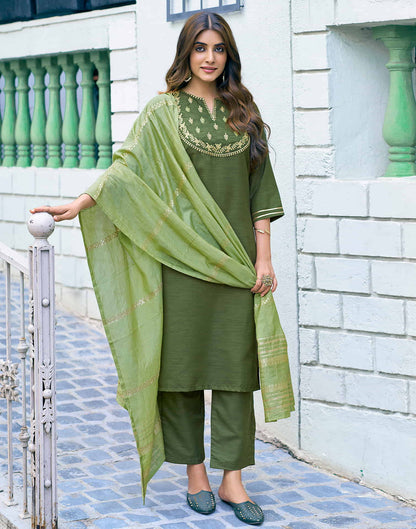 Olive Green Embroidery Silk Straight Kurta With Pant And Dupatta