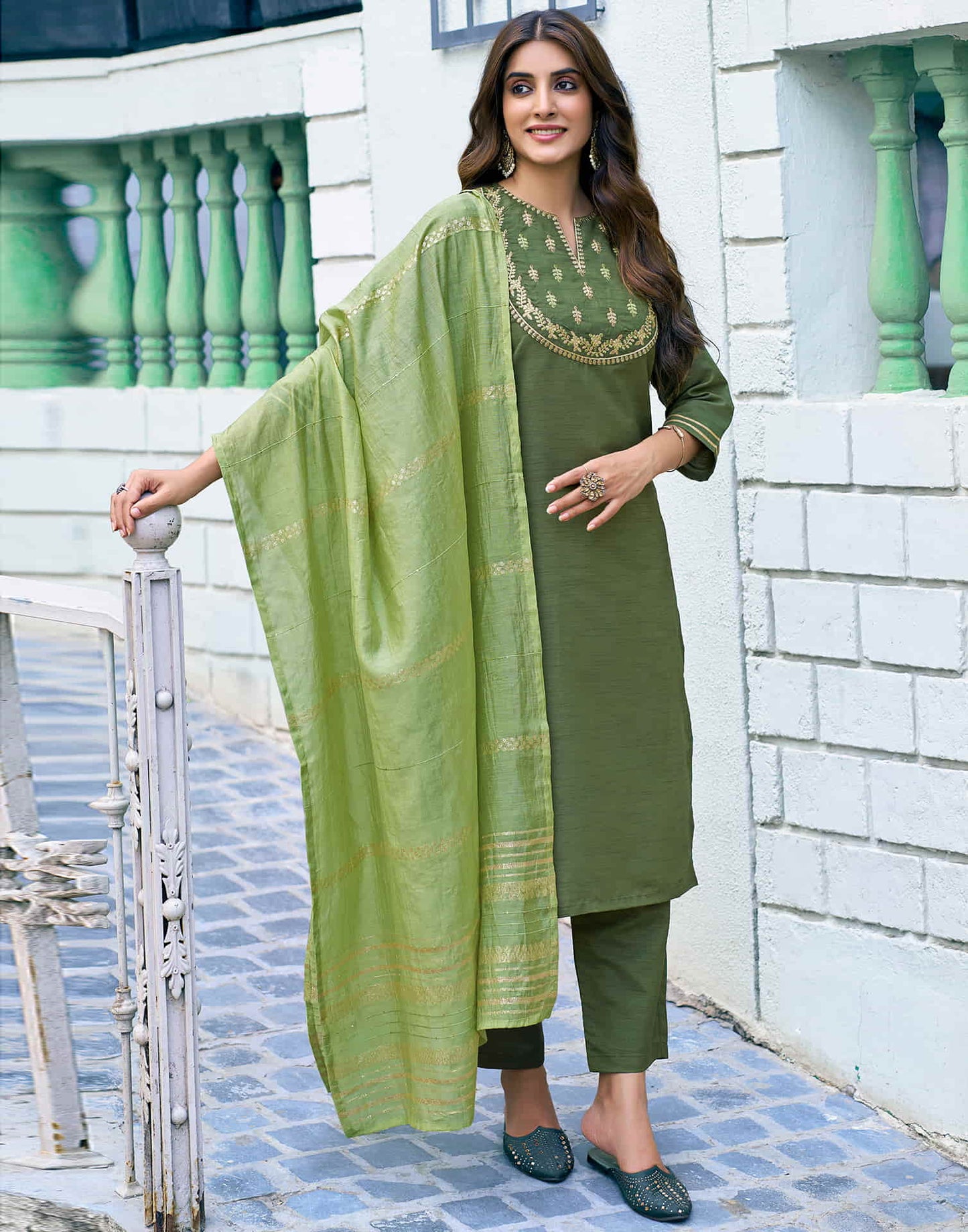 Olive Green Embroidery Silk Straight Kurta With Pant And Dupatta