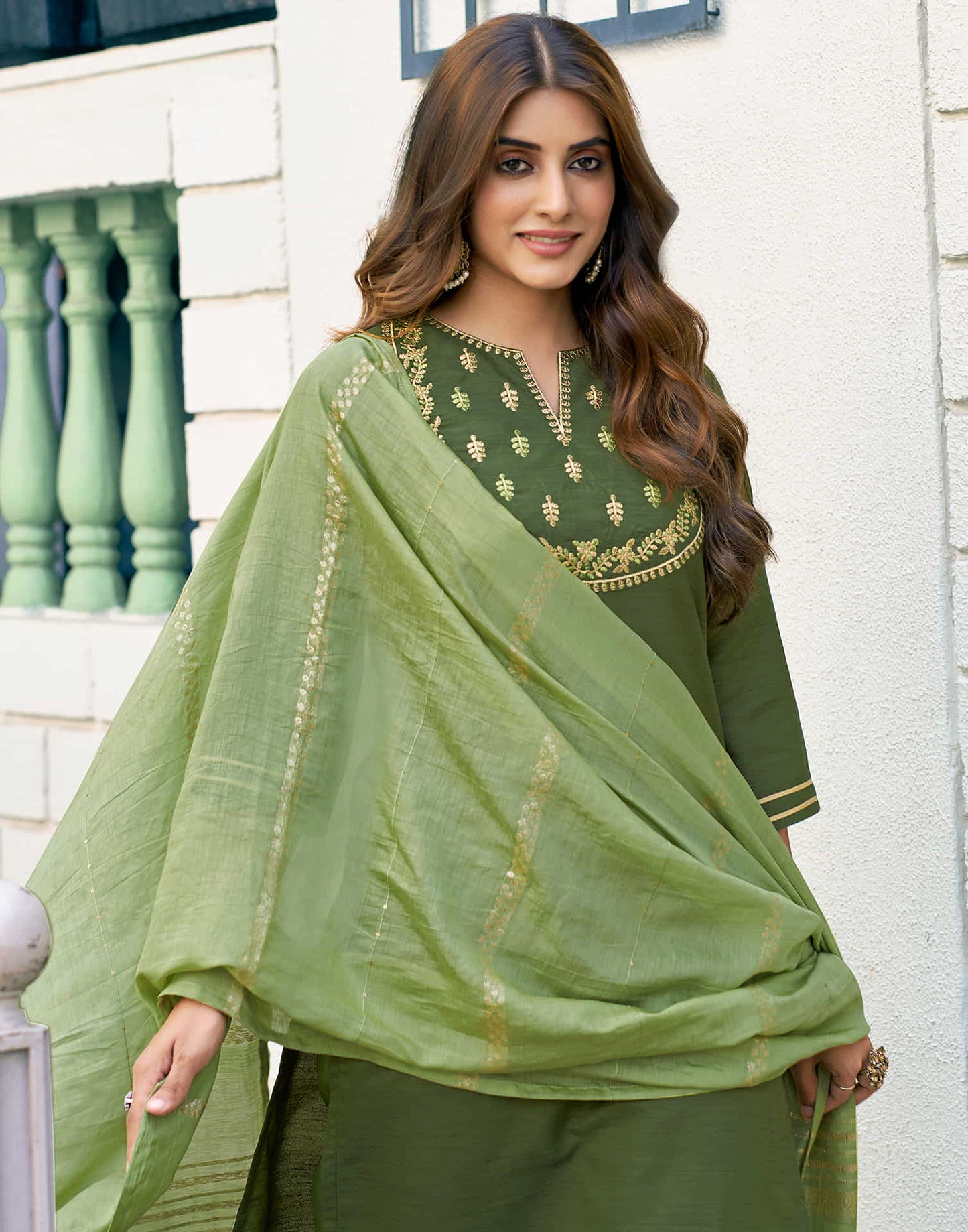 Olive Green Embroidery Silk Straight Kurta With Pant And Dupatta