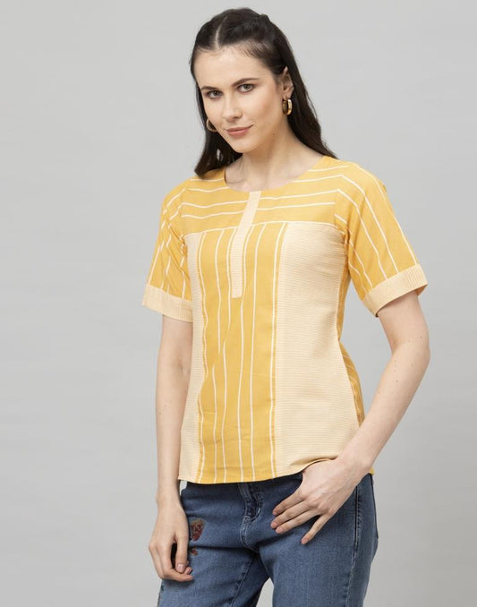 Majestic Yellow Coloured Self Woven Cotton Tops | Leemboodi