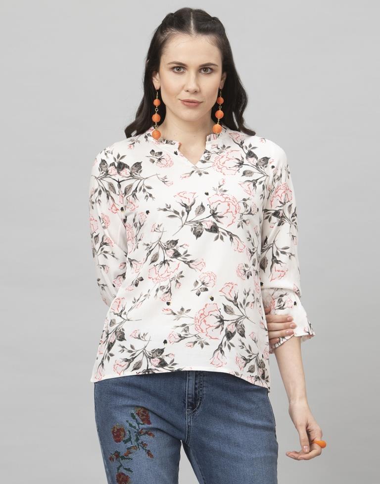 Glossy White Coloured Digital Printed Rayon Tops | Leemboodi