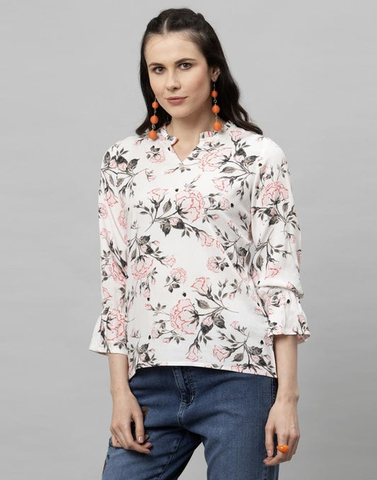 Glossy White Coloured Digital Printed Rayon Tops | Leemboodi