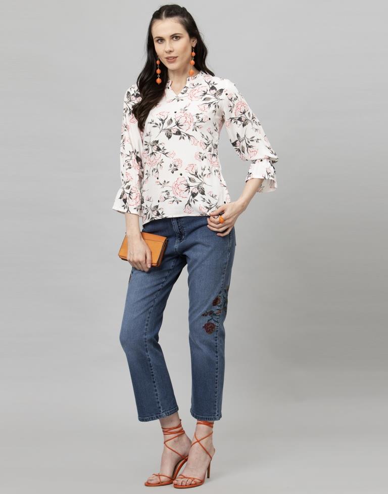Glossy White Coloured Digital Printed Rayon Tops | Leemboodi