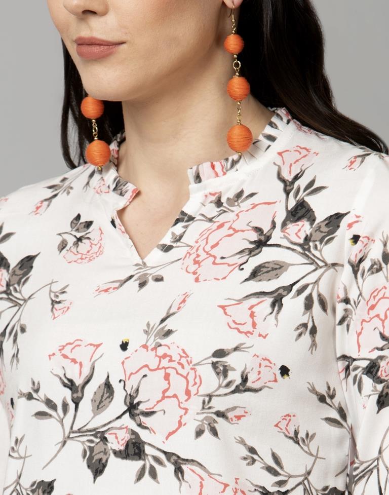 Glossy White Coloured Digital Printed Rayon Tops | Leemboodi