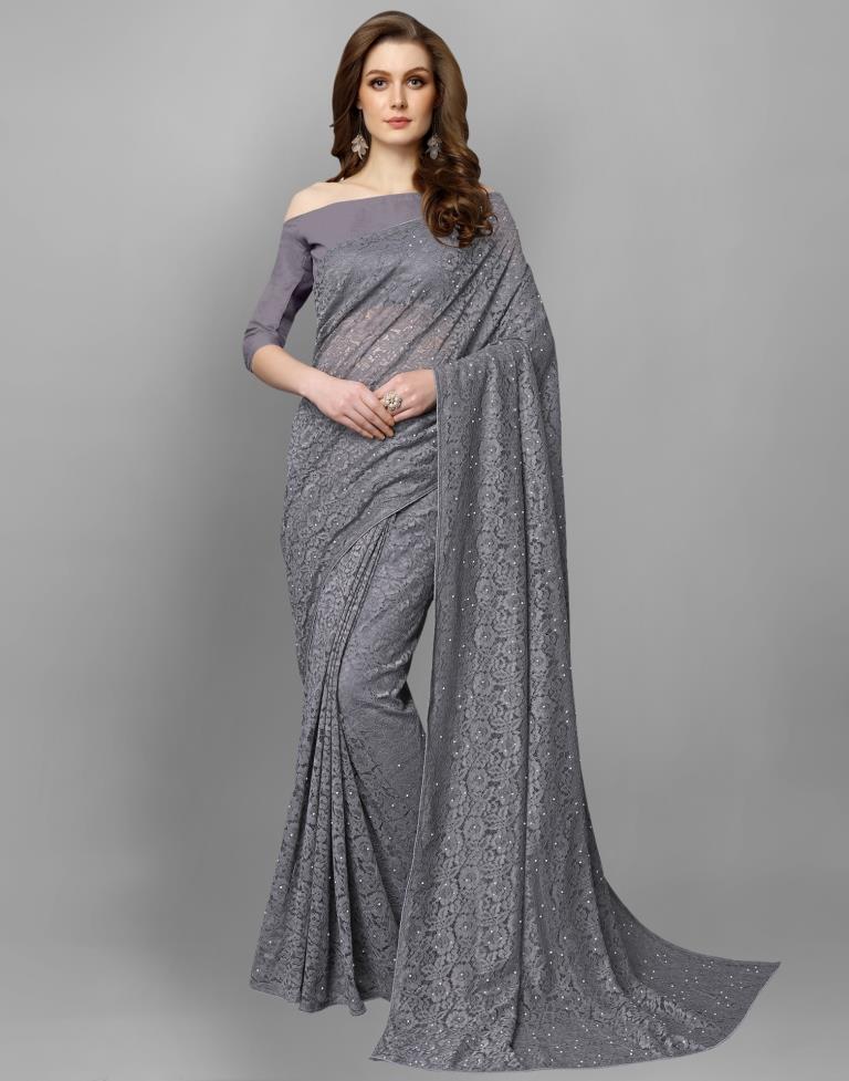 Grey Coloured Russell Net Partywear saree | Leemboodi