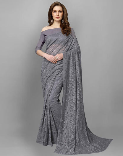 Grey Coloured Russell Net Partywear saree | Leemboodi