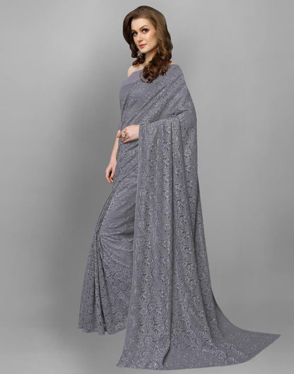 Grey Coloured Russell Net Partywear saree | Leemboodi