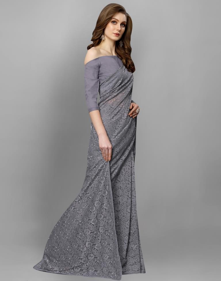 Grey Coloured Russell Net Partywear saree | Leemboodi