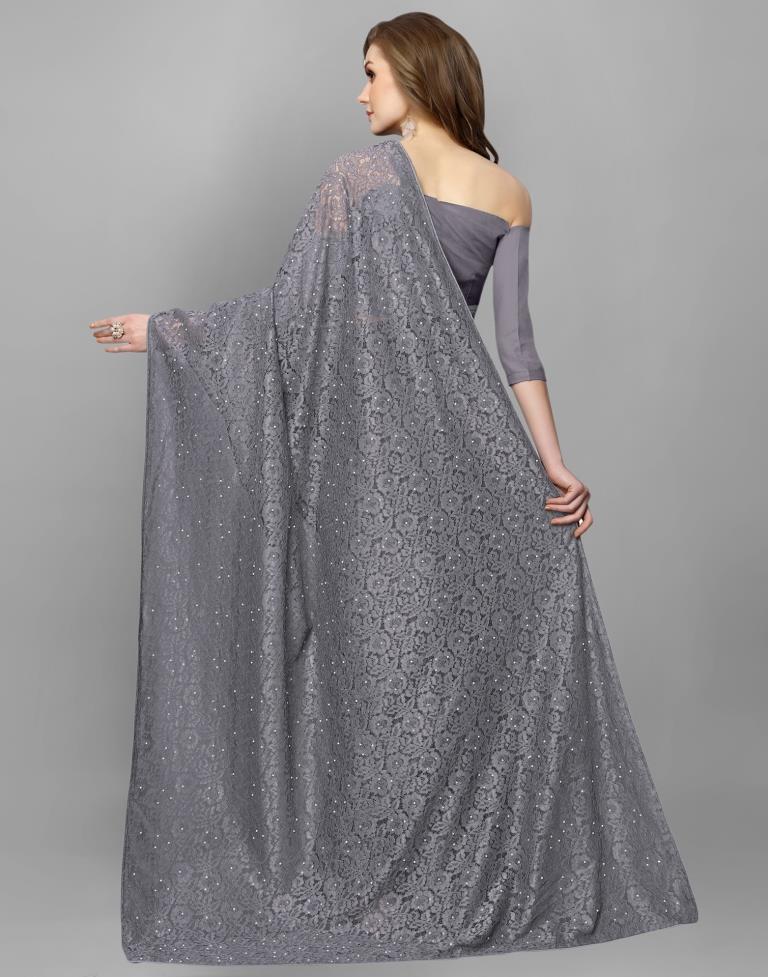 Grey Coloured Russell Net Partywear saree | Leemboodi
