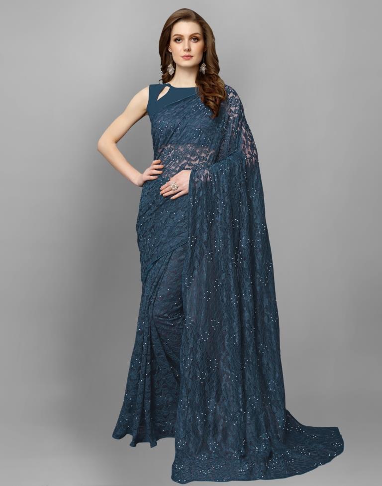 Ocean Green Coloured Russell Net Partywear saree | Leemboodi