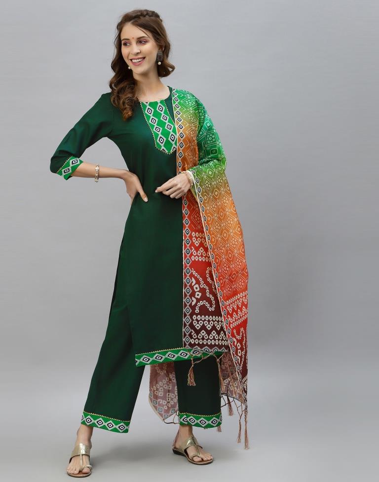 Bottle Green Kurti With Pant And Dupatta | Leemboodi