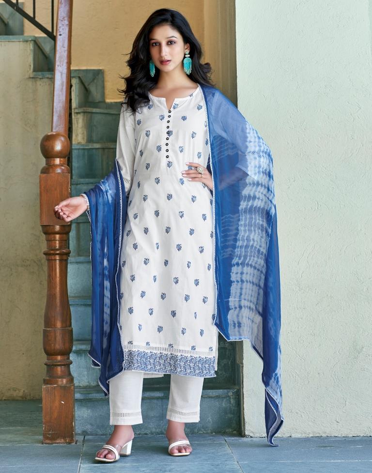 White Plain Cotton Straight Kurta Set with Dupatta