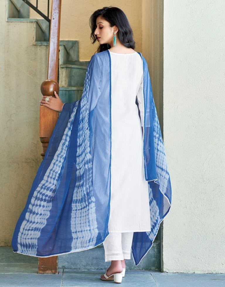 White Plain Cotton Straight Kurta Set with Dupatta