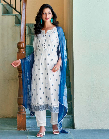 White Plain Cotton Straight Kurta Set with Dupatta