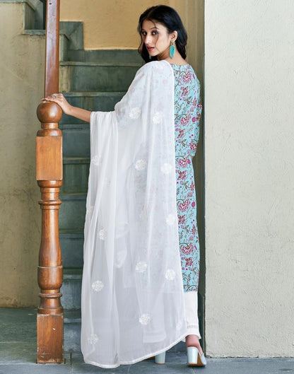 White Cotton Printed Straight Kurta Set