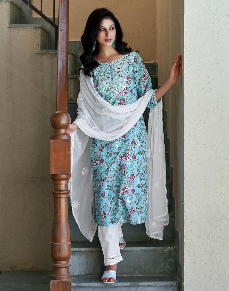 White Cotton Printed Straight Kurta Set