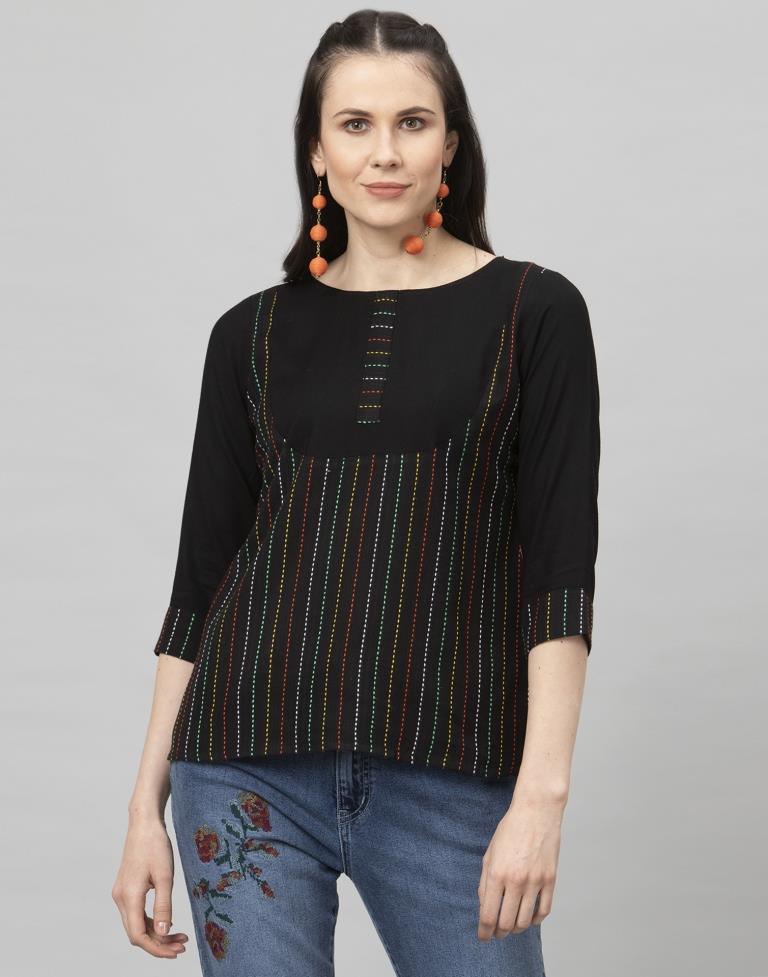 Dashing Black Coloured Woven Striped Cotton Tops | Leemboodi