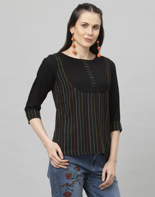 Dashing Black Coloured Woven Striped Cotton Tops | Leemboodi