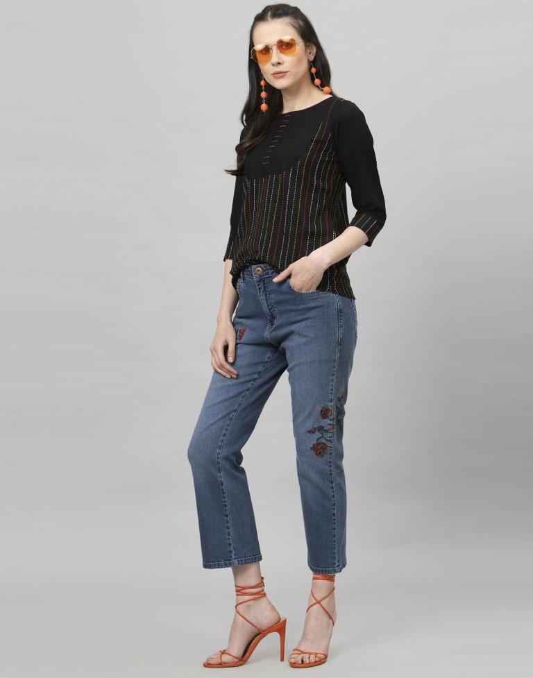 Dashing Black Coloured Woven Striped Cotton Tops | Leemboodi