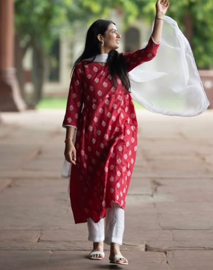 Pink Chinnon Printed Straight Kurta With Pant And Dupatta