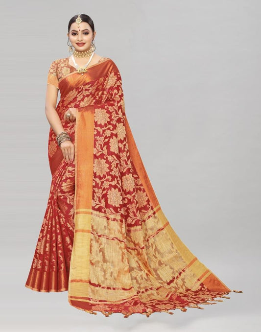 Red Coloured Cotton Silk Woven Partywear saree | Sudathi