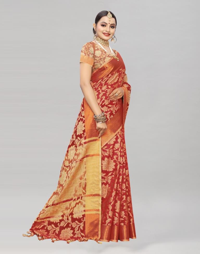 Red Coloured Cotton Silk Woven Partywear saree | Sudathi