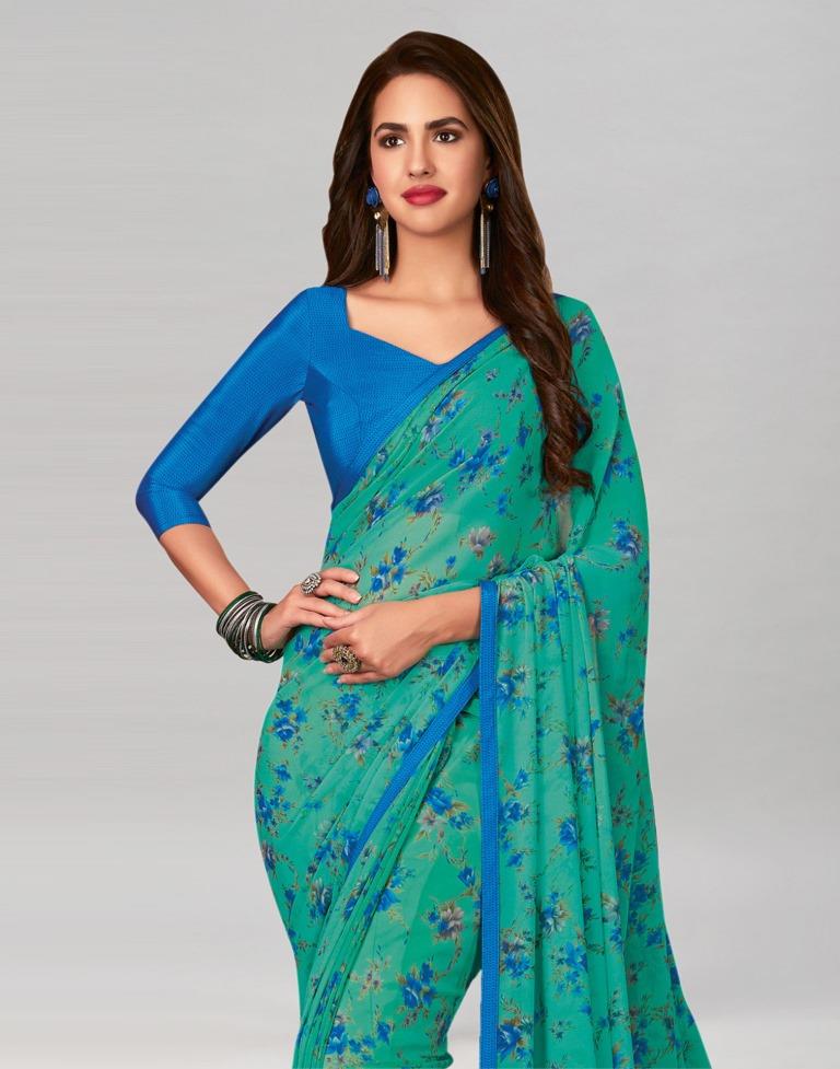 Turquoise Printed Georgette Saree