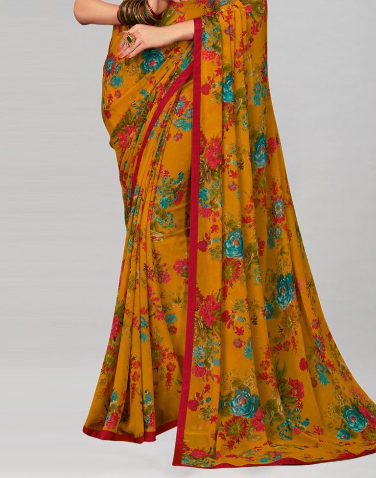 Yellow  Printed Georgette Saree