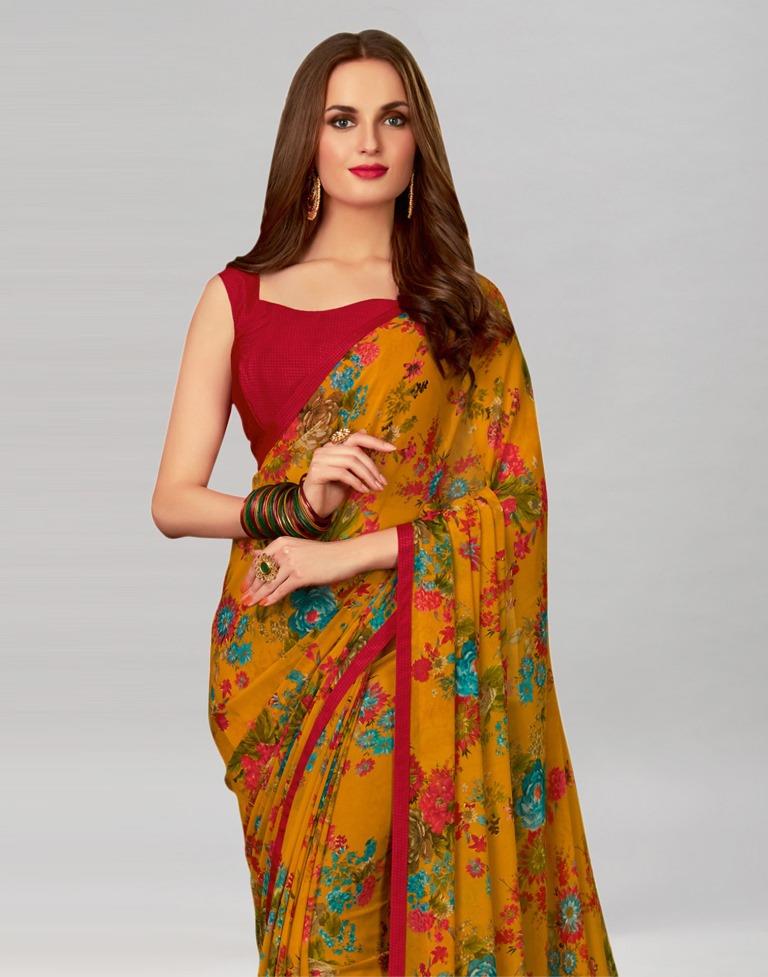 Yellow  Printed Georgette Saree