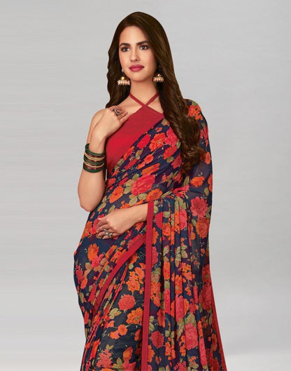 Navy Blue Printed Georgette Saree