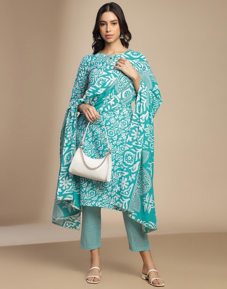 Blue Printed Cotton Straight Kurta Set with Dupatta