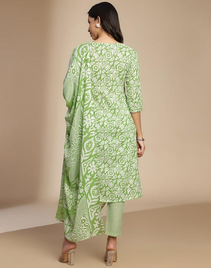 Green Printed Cotton Straight Kurta Set with Dupatta