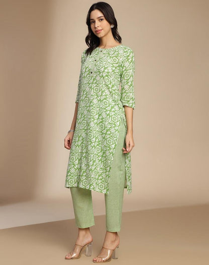 Green Printed Cotton Straight Kurta Set with Dupatta