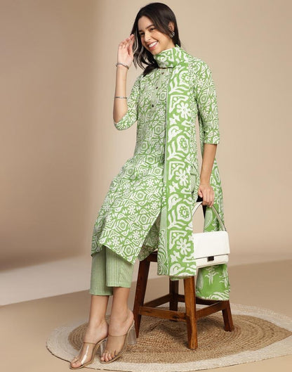 Green Printed Cotton Straight Kurta Set with Dupatta