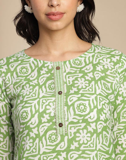 Green Printed Cotton Straight Kurta Set with Dupatta