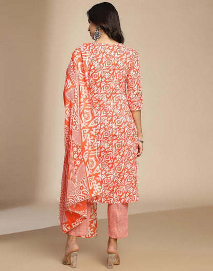 Orange Printed Cotton Straight Kurta Set with Dupatta