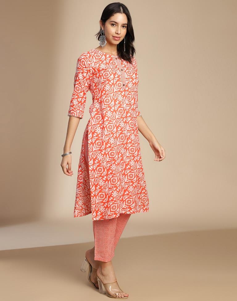 Orange Printed Cotton Straight Kurta Set with Dupatta