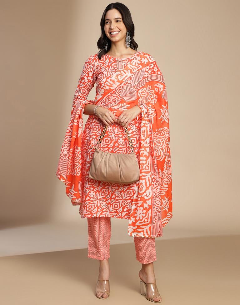 Orange Printed Cotton Straight Kurta Set with Dupatta