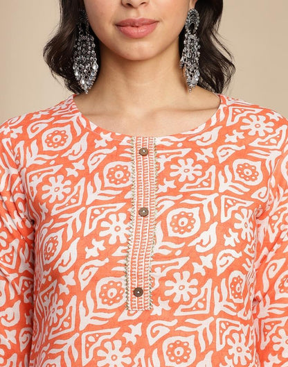 Orange Printed Cotton Straight Kurta Set with Dupatta