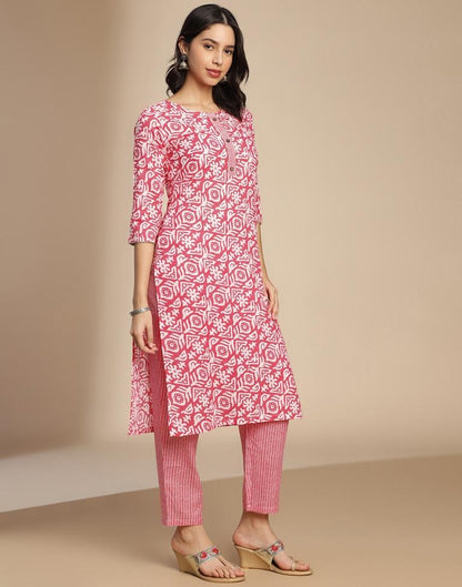 Pink Printed Cotton Straight Kurta Set with Dupatta