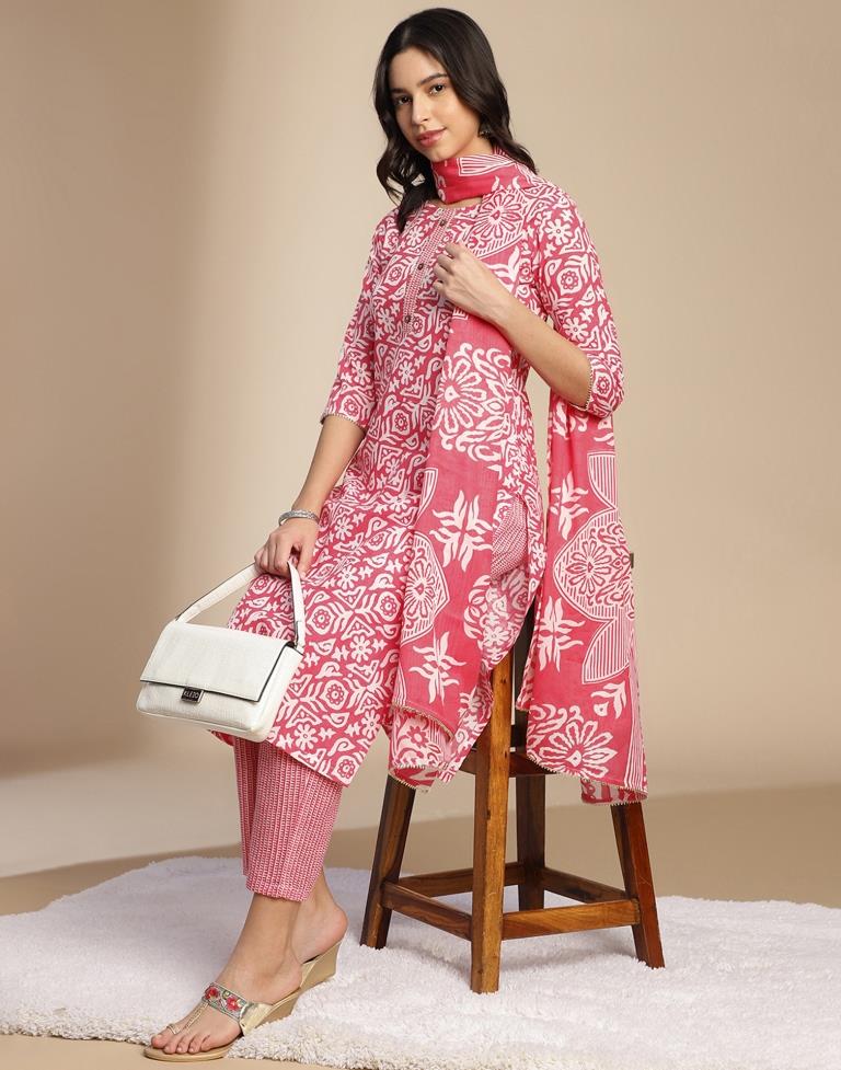 Pink Printed Cotton Straight Kurta Set with Dupatta