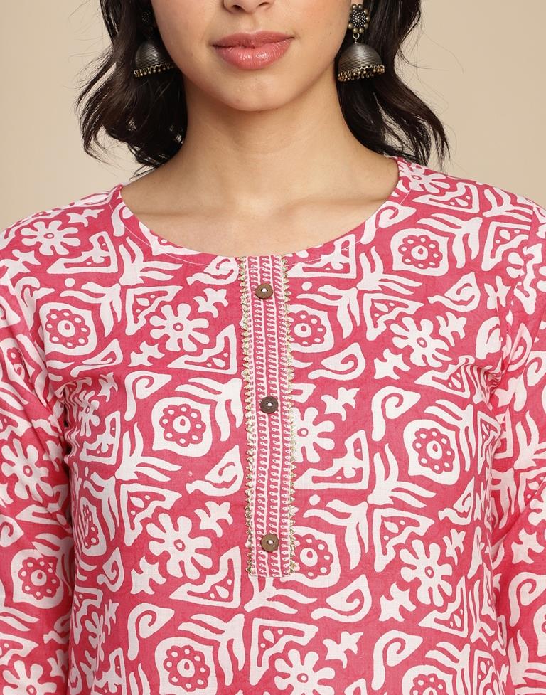 Pink Printed Cotton Straight Kurta Set with Dupatta