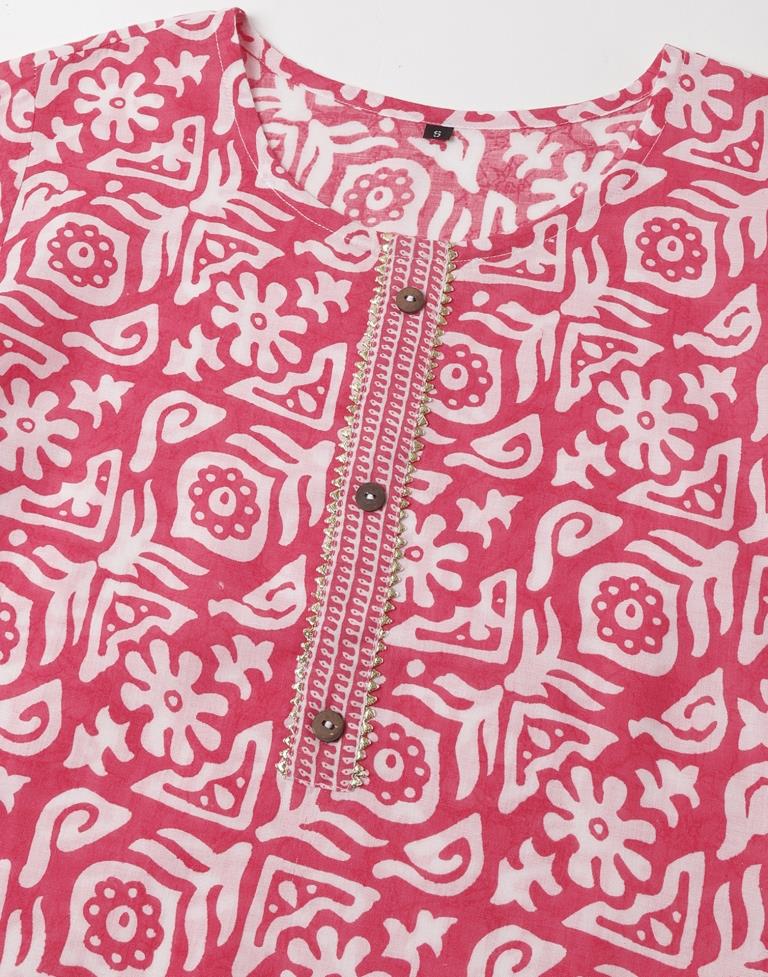 Pink Printed Cotton Straight Kurta Set with Dupatta