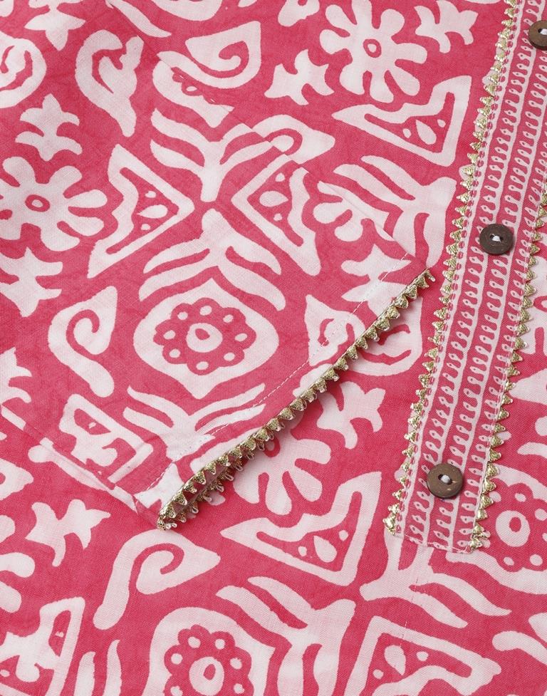 Pink Printed Cotton Straight Kurta Set with Dupatta